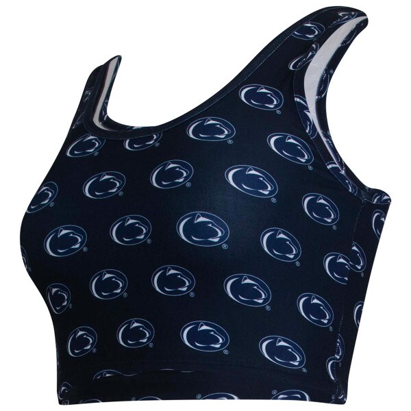 side view women's navy bralette with repeating Penn State Athletic Logos
